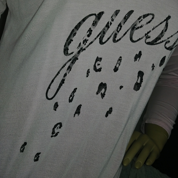 Guess ☆ Y2k Pink Soft Cheetah Bling Glitter V-Neck Long Sleeve Tunic Shirt L - Picture 5 of 11